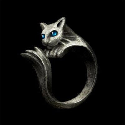 Vintage Cat Wrap Ring with Blue Crystal Eyes